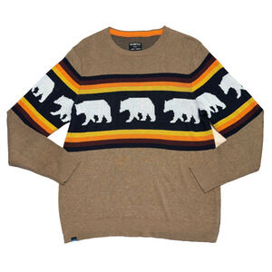 Kavu Highline Crewneck Sweater Snow Bear Mens L Tan Retro Stripe Knit Outdoors